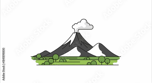 Simple flat line illustration of an active smoking volcano mountain.