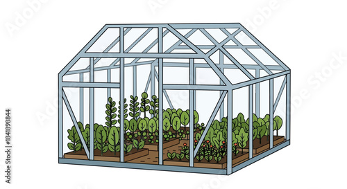 Illustration of a greenhouse filled with plants and vegetables.