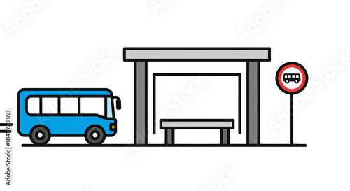 Blue bus arriving at a bus stop shelter with a sign.