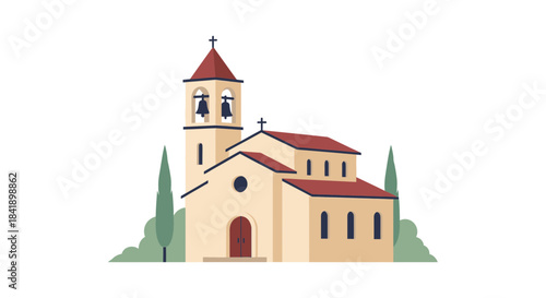 church building with red roof and bell tower clip art preview