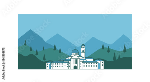 Elegant White Building with Clock Tower Amidst Green Hills.