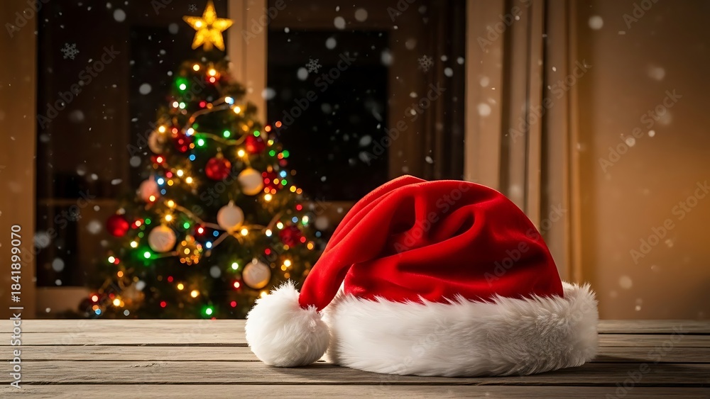 Fototapeta premium Santa hat on floor near christmas tree