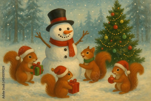 Wallpaper Mural Snowman And Squirrels At Christmas Time Torontodigital.ca