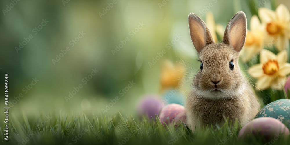 Fototapeta premium Cute rabbit in a spring garden with Easter eggs and flowers for a bright, warm scene