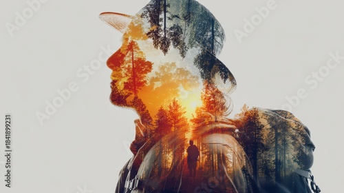 Double exposure photography of close up traveller and the tranquil forest, nature, adventure, forest, man, hiking, backpack, young, lifestyle, tourist, outdoors