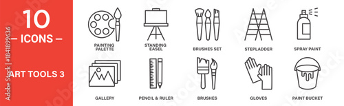 Art tools icon set. Art tools vector symbol in black filled and outlined style.
