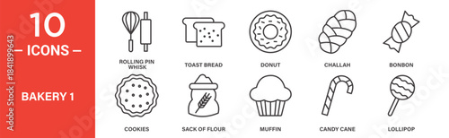 Bakery icon set. Bakery vector symbol in black filled and outlined style.