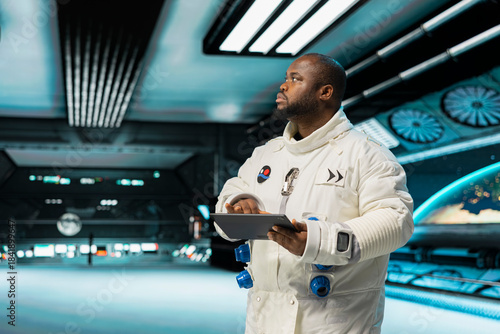 Fotografia Orbit station crew member operating spacecraft control interface using tablet