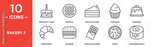 Bakery icon set. Bakery vector symbol in black filled and outlined style.