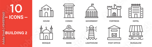 Building icon set. Building vector symbol in black filled and outlined style.