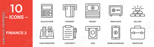 Finance icon set. Finance vector symbol in black filled and outlined style.