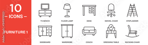 Furniture icon set. Furniture vector symbol in black filled and outlined style.