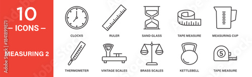 Measuring icon set. Measuring vector symbol in black filled and outlined style.