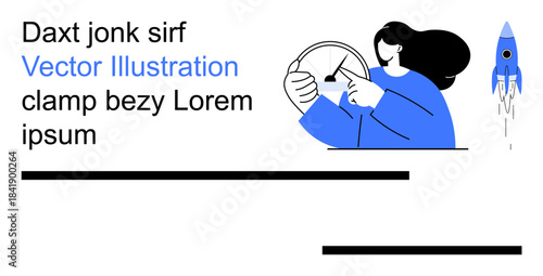 Innovation, leadership, creativity, progress, technology, design concepts. Woman holding a steering wheel with a blue rocket in the background. Innovation and leadership concept for progress