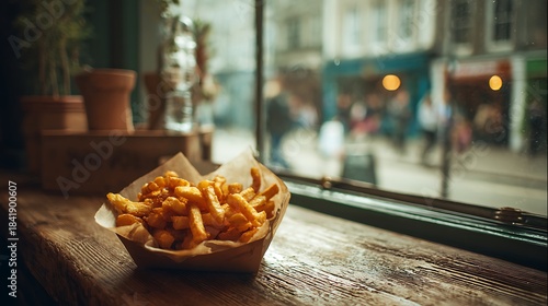 Fototapeta Naklejka Na Ścianę i Meble -  Golden french fries served in a small paper container resting on a rustic wooden windowsill overlooking a busy, blurred city street scene outside a cafe window