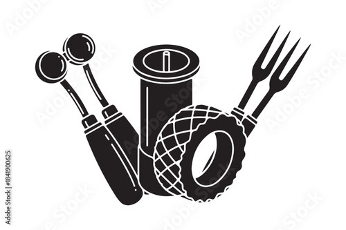 A collection of miscellaneous black and white icons of diverse objects