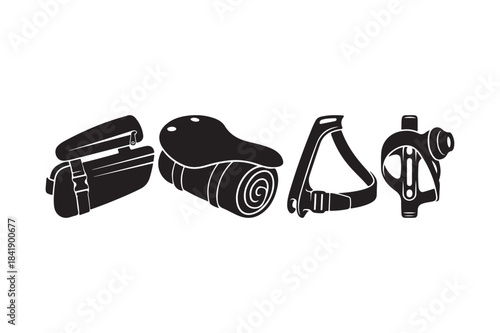 Cycling equipment silhouette design featuring a saddle bag, sleeping mat, toe strap, and pedal