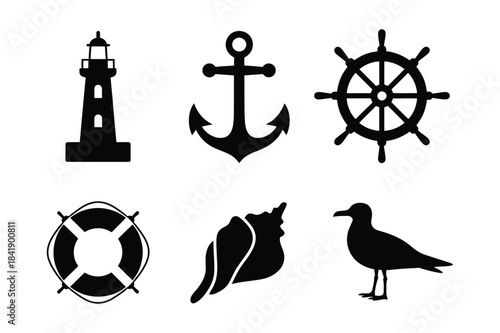 A set of six simple black silhouette icons representing classic nautical symbols on a white background.