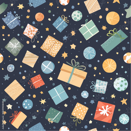 Festive Seamless Pattern of Wrapped Gift Boxes and Stars in Various Colors on a Dark Blue Background Ideal for Holiday Decorations and Celebrations