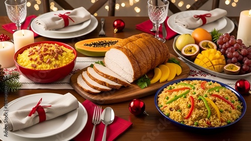 Mesa de Ceia de Natal Brasileira com Chester Dourado, Farofa Tradicional, Arroz à Grega e Frutas Tropicais Decoradas com Elementos Natalinos Festivos