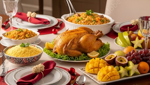 Mesa de Ceia de Natal Brasileira com Chester Dourado, Farofa Tradicional, Arroz à Grega e Frutas Tropicais Decoradas com Elementos Natalinos Festivos