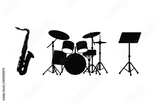 A black and white silhouette design featuring a saxophone, a drum kit, and a music stand