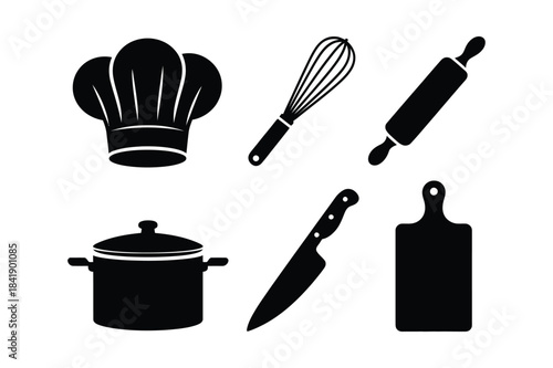 Black silhouette icons set of various kitchen utensils and chef equipment for cooking and baking