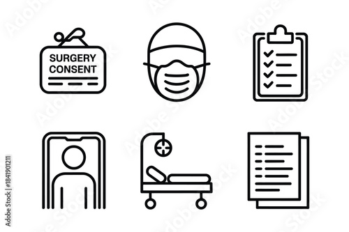 A collection of linear icons representing surgery, patient care, and medical documentation