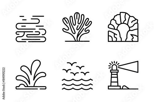 A set of ocean and sea line icons featuring marine life and coastal elements