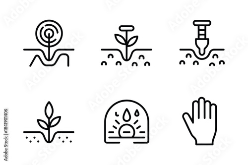 Simple line icons representing gardening, planting, and agriculture processes