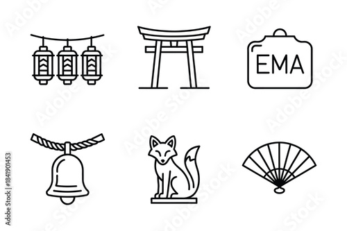 Japanese cultural and religious icons set including torii gate, lanterns, and kitsune
