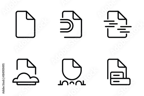A set of six simple black outline icons related to file management and data storage