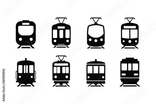 A collection of various train and tram icons in black silhouette style set