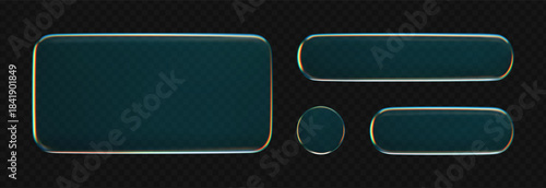 3D liquid glass buttons with a transparent neon holographic effect, isolated on a dark background. Render of liquid glass frame, UI UX elements for phone app or game interfaces. 3D tech digital vector
