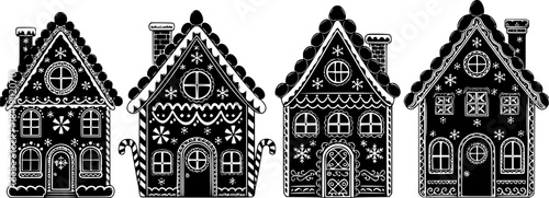 Four decorative gingerbread houses in a row silhouette	