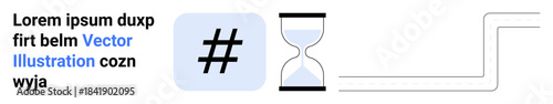 metadata tag icon alongside an hourglass and placeholder text emphasizing time, digital interaction, and trends. Ideal for productivity, digital media, trending topics, social communication, time
