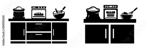 Kitchen counter and baking equipment silhouette featuring sacks of flour, bread baking oven, mixing bowl, and cabinets, ideal for recipe websites, cooking apps, and kitchen interior graphics.