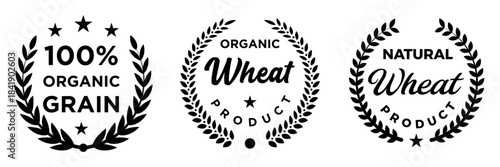 Organic and natural product vector badges set featuring laurel wreaths and stars, ideal for grain and wheat food packaging labels, quality seals, certification stamps, and agricultural branding.