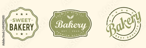 Vintage distressed bakery logo vector badges set featuring retro frames, script typography, and grunge textures, perfect for sweet shop branding, food labels, and premium quality seals.