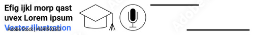 Online learning, graduation, education tools, podcasts, digital communication, e-learning. A graduation cap and microphone icon. Online learning and education tools concept