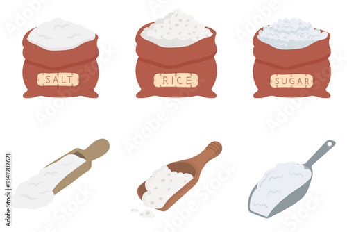 Kitchen ingredients vector collection featuring burlap sacks filled with salt, rice, and sugar, with wooden and metal scoops for recipe blogs, food packaging labels, and grocery graphics.