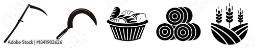 Agriculture and bakery featuring a scythe, sickle, woven basket of bread, hay bales, and wheat crop field, ideal for farming industry logos, harvest concepts, and food production graphics.