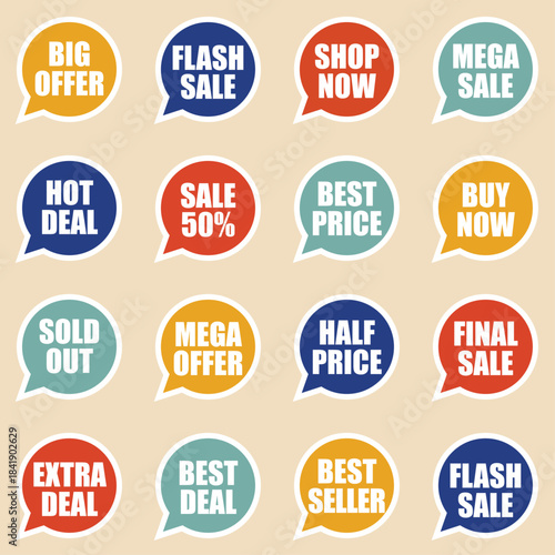 Big sale and promotional speech bubble vector labels collection featuring various offers, deals, prices, and discounts, ideal for ecommerce websites, store signage, and advertising banners.