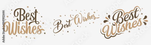 Best Wishes typography designs vector layouts with script lettering, decorative swirls, and scattered stars, suitable for greeting cards, invitations, and banners.