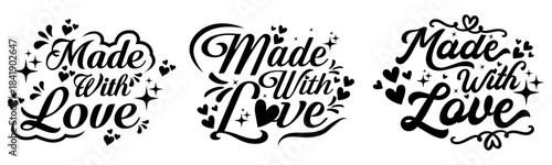 Made With Love typography bundle featuring vector designs with script lettering, hearts, and decorative elements, ideal for crafting stickers, labels, packaging, vinyl, and other projects.
