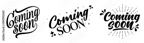 Coming soon typography designs vector set featuring announcement phrases suitable for monochrome banners, social media posts, website headers, and digital layouts