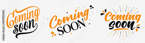 Coming soon typography designs illustrated as vector set featuring announcement phrases suitable for social media posts, promotional banners, website headers, and digital announcement layouts