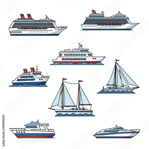 Collection of Various Boats and Ships Illustration.
