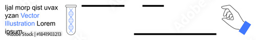 Biotechnology, genetics, research, healthcare, scientific innovation, analysis. Test tube with DNA graphic and hand pointing gesture. Biotechnology and genetics concept