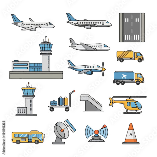 Airport and Aviation Icons Set with Planes Control Towers and Ground Vehicles.